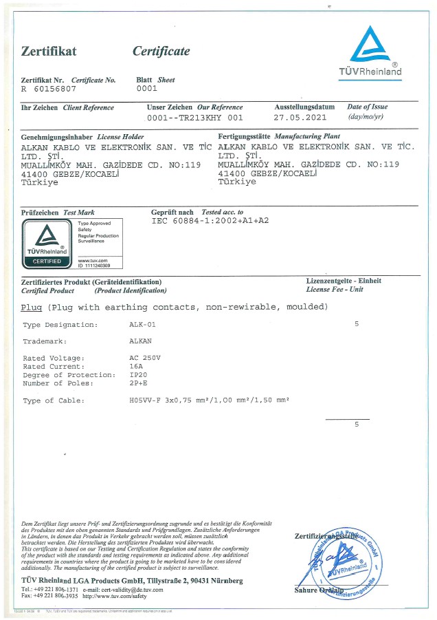 ALK 01 FİŞLİ KABLO TÜV R 60156807 001